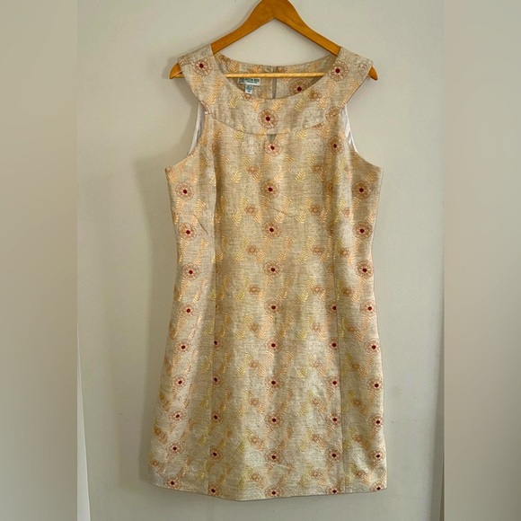 Austin Reed Womens Tan Sleeveless Embroidered Orange Flowers Dress 14 - Picture 1 of 11